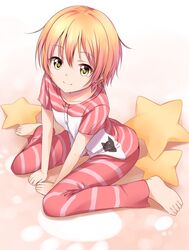  animal_print barefoot buttons cat_print commentary_request female hoshizora_rin looking_at_viewer looking_up love_live! love_live!_school_idol_project orange_hair pajamas short_hair short_sleeves sitting smile solo striped_clothes striped_pajamas wariza yellow_eyes yuki_(sangeki5806) 