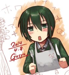  2014 apron blush date dated dress_shirt excited fork formal gosyu green_eyes green_hair kino kino_no_tabi knife looking_at_viewer shirt short_hair solo suit yugami_gooshu 