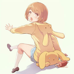  animal_hood boned_meat brown_eyes brown_hair commentary_request female food full_body hair_ornament hairclip hood hoodie kneehighs looking_at_viewer meat open_mouth rabbit_hood rin_(wooser) shoes short_hair simple_background skirt socks solo stuffed_animal stuffed_rabbit stuffed_toy supercell_(band) u_jie white_socks wooser_(character) wooser_no_sono_higurashi 