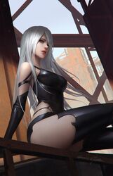  a2_(nier:automata) android armlet black_shorts blue_eyes boots building commentary construction_site elbow_gloves female from_below gloves head_tilt joints nier:automata nier_(series) painting_(action) qichao_wang red_lips robot_joints short_shorts shorts sitting skin_tight solo steel_beam tank_top thigh_boots thighhighs thighs under_construction white_hair 