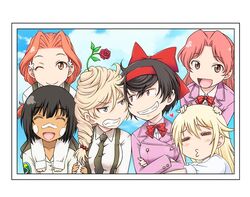  6+girls ;d =_= aung_(girls_und_panzer) bad_id bad_twitter_id bandaid bandaid_on_face bandaid_on_nose black_border black_hair black_necktie blonde_hair blue_eyes bonple_military_uniform border bow bowtie brown_eyes brown_hair closed_mouth cloud cloudy_sky commentary_request crossed_arms curtained_hair day dress_shirt drill_hair endou_haruka face-to-face facepaint facing_viewer flower frown girls_und_panzer girls_und_panzer_ribbon_no_musha glaring grimace grin hair_flower hair_intakes hair_ornament hair_over_shoulder half-closed_eyes hands_on_another&#039;s_head headband heart hug iwami_kyuuto jacket jajka_(girls_und_panzer) long_hair looking_at_another looking_at_viewer matsukaze_rin mole mole_under_eye multiple_girls necktie one_eye_closed open_mouth outdoors photo_(object) polka_dot polka_dot_bow polka_dot_bowtie ponytail pose puckered_lips purple_jacket red_bow red_bowtie red_eyes red_hair red_headband red_scrunchie rose school_uniform scrunchie shirt short_hair single_drill sky smile standing suspenders tategoto_(emblem) tategoto_military_uniform tatenashi_high_school_uniform tsuruki_shizuka uszka_(girls_und_panzer) v-shaped_eyebrows white_shirt 