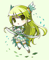  bow_(weapon) chibi commentary_request elf elsword female grand_archer_(elsword) green_background hair_ornament jumping leaf long_hair looking_at_viewer open_mouth partial_commentary pointy_ears rena_erindel sakumo_(karatama) simple_background solo thighhighs weapon 