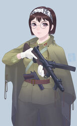  belt brown_hair cloak commentary_request female glasses gloves gun handgun headband highres holding holding_gun holding_weapon imperial_japanese_army m1911 military military_uniform original red_eyes round_eyewear simple_background sino_(mechanized_gallery) solo strap submachine_gun type_100_smg uniform weapon world_war_ii 