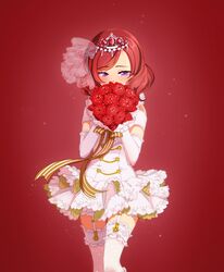  blush bouquet commentary_request dress elbow_gloves female flower garter_straps gloves holding holding_bouquet izumi_k_rukawa love_live! love_live!_school_idol_project medium_hair nishikino_maki purple_eyes red_background red_flower red_hair red_rose red_theme ribbon rose solo striped striped_ribbon swept_bangs thighhighs tiara white_dress white_gloves white_thighhighs 