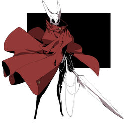  absurdres arthropod_girl black_background black_eyes black_skin blank_eyes cloak colored_skin commentary empty_eyes fake_horns female full_body helmet highres holding holding_sword holding_weapon hollow_knight horned_helmet hornet_(hollow_knight) horns insect_wings makai needle_(hollow_knight) no_humans photoshop_(medium) redesign simple_background solo standing sword thread two-tone_background weapon white_background wings 