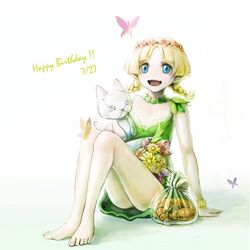  :d bad_id bad_twitter_id barefoot blonde_hair blue_eyes blush bracelet braid bug butterfly commentary_request croissant dress elf female flower food full_body happy_birthday highres jewelry juno_bernal open_mouth pointy_ears pop-up_story simple_background sitting smile solo stuffed_animal stuffed_cat stuffed_toy twin_braids umino_kiri white_background 