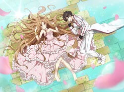  1boy asuna_(sao) barefoot black_eyes black_hair brown_eyes brown_hair commentary_request conone couple dress female gown highres kirito long_hair long_legs lying on_side short_hair straight sword_art_online 