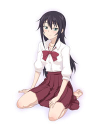  amaama_to_inazuma bad_id bad_pixiv_id barefoot black_hair blush bow dress_shirt feet female full_body green_eyes highres iida_kotori long_hair looking_at_viewer pleated_skirt school_uniform seiza shirt sitting skirt smile solo souji_kurokawa 