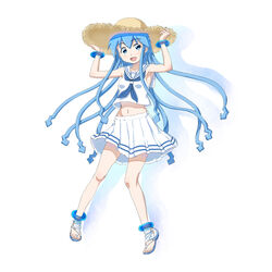  bad_id bad_pixiv_id bare_shoulders blue_eyes female full_body hand_on_headwear hat highres ikamusume long_hair looking_at_viewer midriff navel open_mouth pleated_skirt sailor_collar sandals shinryaku!_ikamusume skirt smile solo souji_kurokawa straw_hat very_long_hair 