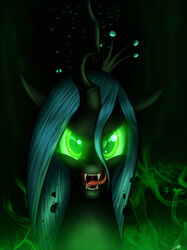  2016 arthropod black_background bust_portrait changeling crown fangs female feral friendship_is_magic green_eyes green_hair hair hasbro headgear hi_res horn jeki long_horn looking_at_viewer my_little_pony open_mouth portrait pupils queen_chrysalis_(mlp) simple_background slit_pupils solo teeth tongue tongue_out zigzag_horn 