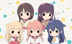  5girls :3 blonde_hair blue_hair brown_hair commentary_request hagino_chiaki hiiragi_mayuki hinako_note long_hair looking_at_viewer lowres multiple_girls nakajima_yua natsukawa_kuina open_mouth ponareon_ponaparte sakuragi_hinako smile twintails 