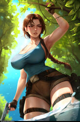  1girls armpits belt belt_buckle big_breasts braid braided_hair brown_eyes brown_hair cleavage cleavage_cutout clothed clothing curvy cute exploration forest from_below gun holster lara_croft lara_croft_(classic) large_breasts lips long_hair luminyu muscular muscular_female nipples_visible_through_clothing patreon patreon_username pistol shorts solo tank_top thick_thighs thighs tight_clothing tomb_raider toned toned_female water white_skin 