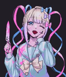  black_background blonde_hair blood blood_in_hair blood_on_clothes blood_on_face blood_on_hands blood_on_knife blue_bow blue_eyes blue_hair blue_shirt bow chouzetsusaikawa_tenshi-chan eencya female grey_hair hair_ornament hairbow hand_on_own_cheek hand_on_own_face heart heart_hair_ornament holding holding_knife knife long_hair long_sleeves looking_at_viewer multicolored_hair multiple_hair_bows needy_girl_overdose official_art one_eye_closed open_mouth pin pink_blood pink_bow pink_hair pixel_art purple_bow quad_tails sailor_collar school_uniform serafuku shirt simple_background smile solo straight-on upper_body very_long_hair 