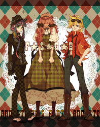  1boy 2girls blonde_hair blush bow brief_(psg) checkered commentary_request crossdressing hairband hairbow hat long_hair multicolored_hair multiple_girls necktie orange_hair panty_&amp;_stocking_with_garterbelt panty_(psg) plaid sachiko_(omame) siblings sisters stocking_(psg) sunglasses two-tone_hair 