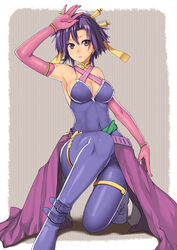  bad_id bad_pixiv_id belt breasts cleavage earrings elbow_gloves female fuurai_no_shiren gloves jewelry kneeling large_breasts nagase_haruhito oryuu purple_eyes purple_hair short_hair solo 