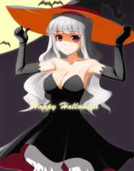  armpits bare_shoulders bat_(animal) breasts cleavage commentary_request dress elbow_gloves female gloves grey_hair halloween hat idolmaster idolmaster_(classic) large_breasts long_hair moon pink_eyes shijou_takane smile solo sugar_(sugarless) 