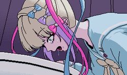  blonde_hair blue_bow blue_eyes blue_hair blue_shirt bow chouzetsusaikawa_tenshi-chan constricted_pupils eencya female hairbow indoors leaning_forward long_hair long_sleeves multicolored_hair needy_girl_overdose official_art open_mouth pink_bow pink_hair pixel_art purple_bow purple_hair quad_tails sailor_collar second-party_source shirt solo tears toilet upper_body vomit vomiting wide-eyed yellow_bow 