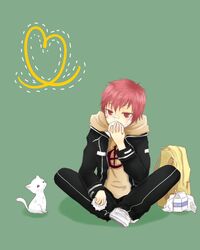  backpack band_aids eating feline heart hoodie katekyo_hitman_reborn kozato_enma milk_box red_eyes red_hair rice_ball 