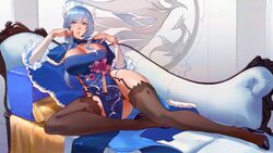  black_panties black_thighhighs blue_cape blue_eyes blue_hair breasts cape chinese_clothes cleavage cleavage_cutout clothing_cutout commentary couch dangodes english_commentary female full_body fur_trim garter_belt garter_straps hair_ornament hand_fan hand_on_own_cheek hand_on_own_face high_heels highres large_breasts legs long_bangs long_hair lying on_side original panties pantyshot paper_fan parted_lips solo starsector thighhighs underwear 