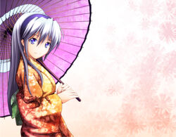  bad_id bad_pixiv_id blue_eyes clannad female grey_hair hairband highres japanese_clothes kimono long_hair oil-paper_umbrella photoshop_(medium) sakagami_tomoyo smile solo umbrella yuki_shizuku 