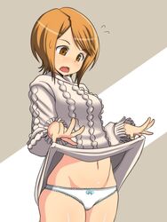  alternate_breast_size aran_sweater breasts brown_eyes brown_hair cable_knit clothes_lift commentary dress dress_lift female grey_dress grey_sweater highres kinuhata_saiai medium_breasts panties pantyshot scene_reference short_hair skindentation solo sueyuu sweater sweater_dress toaru_majutsu_no_index toaru_majutsu_no_index:_old_testament underwear wavy_mouth white_panties 