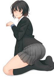  amagami black_eyes black_hair black_jacket blazer bob_cut closed_mouth collared_shirt feet female full_body grey_skirt highres jacket kneeling long_sleeves looking_at_viewer miniskirt nanasaki_ai paw_pose pleated_skirt ryo_taton shirt short_hair simple_background skirt solo thighs white_background white_shirt 