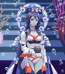  air_bubble android bikini blue_eyes blue_hair body_markings box braid breasts bridal_gauntlets bubble cleavage commentary coral cowboy_shot dark_blue_hair dated detached_sleeves eyeliner female fish floating floating_object gradient_hair hair_between_eyes hair_ornament halo halo_behind_head head_chain hexagon_print highres jewelry ko_myth long_hair looking_at_viewer makeup multicolored_hair otohime_(housamo) parted_lips red_eyeliner self-upload sidelocks signature single_braid small_breasts solo sparkle swimsuit tokyo_afterschool_summoners 