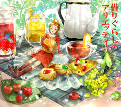  :d analog_(analoglog) arm_support arrietty bad_id bad_pixiv_id bag boots bouquet brown_hair bug cherry cloth cookie cup female flower food fruit glass_plate glass_teacup highres in_food jam jar juice karigurashi_no_arrietty ladybug leaf lemon mini_person minigirl needle open_mouth pitcher_(container) plate ponytail rapeseed_blossoms raspberry red_skirt saucer sitting skirt smile solo spoon teacup teapot thumbprint_cookie yellow_flower 