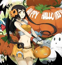  arancia bad_id bad_pixiv_id bat_(animal) black_hair candy female food francisco_valle ghost halloween happy_halloween jack-o&#039;-lantern long_hair mask midriff miniskirt navel oerba_yun_fang orange_eyes orange_skirt original pumpkin skirt solo twintails 