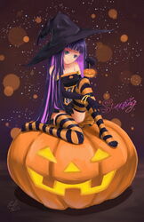  aqua_eyes bracelet c.z. character_name colored_eyelashes colored_inner_hair commentary_request elbow_gloves eyelashes female gloves halloween hat head_tilt highres jack-o&#039;-lantern jewelry knee_up long_hair multicolored_hair orange_thighhighs panty_&amp;_stocking_with_garterbelt pumpkin purple_background signature sitting solo stocking_(psg) striped_clothes striped_thighhighs thighhighs two-tone_hair witch_hat 