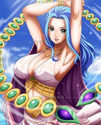  absurdres armpits arms_up artist_name blue_hair blue_sky bracelet breasts brown_eyes cape cleavage clothing_cutout cloud commentary covered_nipples dress dripping earrings english_commentary eyelashes female flying_sweatdrops highres jewelry large_breasts lips long_hair looking_at_viewer midriff nefertari_vivi one_piece parted_lips rakara11_(rakkarts) sky sleeveless sleeveless_dress smile solo stomach_cutout sweat sweaty_clothes swirling upper_body watermark wind 