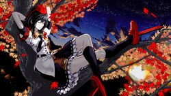  autumn_leaves black_hair black_socks closed_eyes commentary_request female geta hat highres in_tree kneehighs leaf maple_leaf photoshop_(medium) shameimaru_aya short_hair sitting sitting_in_tree smile socks solo sunset tengu-geta tokin_hat touhou tree umami_(sakeikura) 