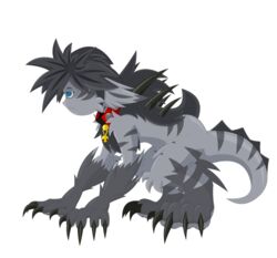  1_eye alpha_channel anthro ass bell bell_collar blue_eyes claws collar deishun_(species) fan_character fur grey_body grey_fur grey_hair hair kingdom_hearts_3 male monster sad simple_background sitting solo tail transparent_background zarjhan_mary 