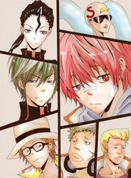  aoba_koyo bald bangs black_hair blonde_hair glasses green_hair hat katekyo_hitman_reborn katou_julie kozato_enma mafia mizuno_kaoru ooyama_rauji ponytail red_eyes red_hair shimon_family shitt_p suzuki_adelheid 