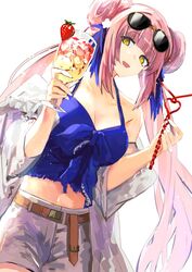  :d arknights blunt_bangs breasts ceylon_(arknights) ceylon_(holiday)_(arknights) cleavage cowboy_shot crop_top cup double_bun drinking_glass drinking_straw female food fruit hair_bun highres holding holding_cup iwashi_80 long_hair looking_at_viewer midriff official_alternate_costume open_mouth pink_hair smile solo standing strawberry very_long_hair yellow_eyes 