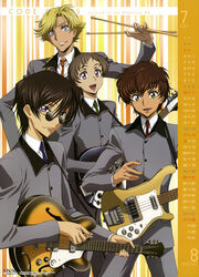  4boys absurdres bass_guitar calendar_(medium) code_geass drumsticks electric_guitar epiphone_casino gino_weinberg guitar highres instrument kururugi_suzaku lelouch_vi_britannia male_focus multiple_boys nakatani_seiichi photoshop_(medium) rickenbacker rickenbacker_325 rickenbacker_4001 rolo_lamperouge sunglasses the_beatles 