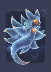  anthro aquatic_gastropod artist_name blue_body breasts bubble clione dated female fingers gastropod glowing heart_(marking) heart_symbol hi_res iimia marine markings mollusk open_mouth orange_eyes sea_angel sea_slug slug small_breasts smile solo spread_arms translucent translucent_body underwater water 