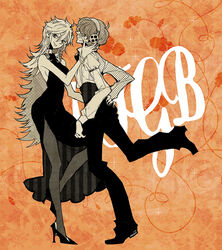  1boy bare_shoulders brief_(psg) commentary_request couple dancing dress female formal hand_on_own_hip high_heels long_dress long_hair monochrome orange_theme panty_&amp;_stocking_with_garterbelt panty_(psg) pantyhose sachiko_(omame) shoes short_hair straight 