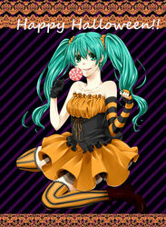  asymmetrical_gloves bad_id bad_pixiv_id bare_shoulders boots candy collarbone corset dress earrings elbow_gloves english_text female fingerless_gloves food full_body gloves green_eyes green_hair hair_between_eyes halloween happy_halloween hatsune_miku holding holding_candy holding_food holding_lollipop jewelry lollipop long_hair meyumeyuta orange_skirt orange_thighhighs purple_background simple_background sitting skirt solo star_(symbol) star_earrings strapless strapless_dress striped_background striped_clothes striped_gloves striped_thighhighs swirl_lollipop thighhighs tongue tongue_out twintails vertical-striped_clothes vertical-striped_thighhighs vocaloid wariza 