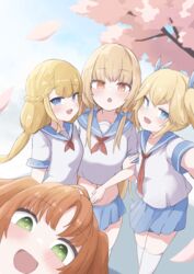  4girls :d :o absurdres arm_at_side arm_hug arm_up blonde_hair blue_bow blue_eyes blue_sailor_collar blue_skirt blush bow braid breasts brown_eyes brown_hair cherry_blossoms crop_top day falling_petals feet_out_of_frame green_eyes hair_between_eyes hairbow hand_up highres jitome kotori_photobomb last_origin long_hair looking_at_viewer looking_to_the_side low_twintails midriff miniskirt multiple_girls navel neckerchief nereid_(last_origin) oerba_yun_fang open_mouth outdoors parted_bangs petals photobomb pleated_skirt qz red_neckerchief sailor_collar school_uniform selfie serafuku shirt short_sleeves sidelocks sideways_glance sirene_(last_origin) skin_fang skirt small_breasts smile standing straight_hair teeth thetis_(last_origin) thighhighs tree twintails undine_(last_origin) upper_teeth_only white_shirt white_thighhighs zettai_ryouiki 