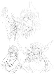  2boys 3girls angel_wings beard blush breath_of_fire breath_of_fire_ii brother_and_sister dragon_wings facial_hair family father_and_daughter father_and_son feathered_wings ganer_bateson greyscale highres long_hair monochrome mother_and_son multiple_boys multiple_girls nina_(breath_of_fire_ii) patty_the_phantom_thief ponytail robe ryuu_(breath_of_fire_ii) siblings simple_background taka_yanagi tears tiara valerie_bateson wings 