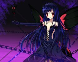  :o accel_world antenna_hair bare_shoulders blue_hair blush bug butterfly butterfly_wings center_opening chains commentary_request cross-laced_clothes cross-laced_slit dress ebicha elbow_gloves female gloves insect_wings kuroyukihime looking_at_viewer maid_headdress open_mouth outstretched_hand plunging_neckline red_eyes sideless_outfit solo wings 