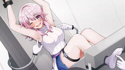  absurdres ankle_socks armpits arms_up belt blue_skirt blush bound breasts commentary commission dutch_angle earrings female high_belt highres honkai:_star_rail honkai_(series) jewelry laughing layered_skirt looking_at_viewer march_7th_(feast)_(honkai:_star_rail) march_7th_(honkai:_star_rail) medium_breasts miniskirt mitarashi38o official_alternate_costume one_eye_closed open_mouth purple_belt revision saliva single_earring skeb_commission skirt sleeveless sleeveless_sweater socks solo sweater thigh_strap tickle_torture tickling tickling_armpits tickling_feet white_skirt white_sleeves white_socks white_sweater 