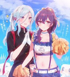  2girls absurdres asahina_mafuyu black_jacket blue_eyes blue_hair blue_skirt blue_sky blush bow breasts cheerleader cleavage clothes_writing cloud cloudy_sky day gloves hair_between_eyes hairbow hands_up hashire!_taiikumatsuri!_~jikkou_iin_wa_ooisogashi~_(project_sekai) heart highres hinomori_shizuku jacket long_hair medium_breasts multiple_girls navel ouendan outdoors palms_together pom_pom_(cheerleading) ponytail project_sekai purple_eyes purple_hair short_sleeves skirt sky sorimachi-doufu sparkle suspender_skirt suspenders tears tofu_(project_sekai) translation_request trembling white_gloves yellow_bow 