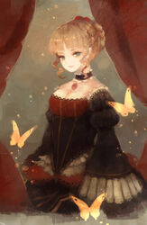  beatrice_(umineko) blonde_hair blue_eyes breasts bug butterfly choker cleavage commentary_request dress female formal highres long_hair medium_breasts solo umineko_no_naku_koro_ni wakatsuki_(etoiles) yellow_butterfly 