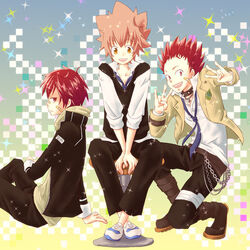  band_aid brown_eyes brown_hair chains katekyo_hitman_reborn kozato_enma naito_longchamp peace red_eyes red_hair sawada_tsunayoshi school_uniform spiky_hair tie 