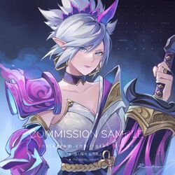  absurdres breasts collarbone colored_skin commission detached_sleeves earrings female grey_hair hand_up highres holding holding_sword holding_weapon jewelry large_breasts league_of_legends multicolored_background pink_skin pointy_ears ring riven_(league_of_legends) sample_watermark shiro-hane short_hair shoulder_plates single_shoulder_pad solo spirit_blossom_riven sword watermark weapon web_address 