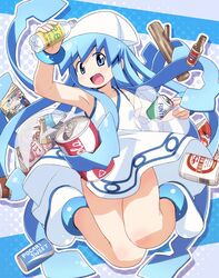  blue_eyes blue_hair bottle bracelet brand_name_imitation can commentary_request dress female hat highres hiro_hiroki ikamusume jewelry log long_hair magazine_(object) prehensile_hair shinryaku!_ikamusume solo tentacle tentacle_hair 