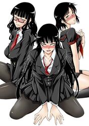  3girls amano_issui black_hair blush breasts buchou_(houkago_play) cleavage commentary_request freckles-san_(houkago_play) girlfriend_(houkago_play) glasses houkago_play houkago_play_2 kneeling large_breasts long_hair medium_breasts multiple_girls naughty_face necktie pantyhose photoshop_(medium) school_uniform serafuku simple_background very_long_hair yellow_eyes 