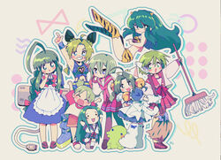  ! 1boy 6+girls :3 ^_^ ahoge android animal_hat animal_print apron arm_behind_back arms_up back_bow bell belt bent_over between_legs bikini black_hair blue_bow blue_dress blue_eyes blue_sailor_collar blue_skirt blunt_bangs blush boots bow bowtie braid bright_pupils broom brown_footwear brown_pants cat_girl cat_hat cat_tail chibi churuya closed_eyes color_connection cone_hair_bun cone_horns crossover dejiko di_gi_charat dress english_commentary floating frilled_apron frills from_side full_body gloves green_belt green_eyes green_hair green_theme hair_bell hair_bun hair_color_connection hair_ornament hairbow hand_between_legs hand_on_own_hip hat head_tilt heart highres holding holding_broom holding_mop horns iwasaki_minami jojo_no_kimyou_na_bouken kita_high_school_uniform kitchupsandwich knee_boots kneehighs koiwai_yotsuba kuchipatchi kujo_jolyne loafers long_hair long_sleeves looking_at_viewer lucky_star lum maid maid_apron me-tan midriff mop multi_(to_heart) multicolored_hair multiple_crossover multiple_girls navel_piercing neck_ribbon neckerchief oni open_mouth os-tan pants pantyhose parted_lips paw_shoes piercing pink_neckerchief pleated_skirt pointing pointing_up puffy_short_sleeves puffy_sleeves raglan_sleeves red_bow red_bowtie red_footwear red_ribbon red_sailor_collar red_skirt red_sleeves ribbon robot_ears ryouou_school_uniform sailor_collar school_uniform serafuku shirt shoes short_hair short_sleeves shorts sidelocks single_blush_sticker single_braid skirt smile sneakers socks solid_circle_eyes spider_web_print star_(symbol) stone_ocean strapless strapless_bikini summer_uniform suzumiya_haruhi-chan_no_yuuutsu suzumiya_haruhi_no_yuuutsu swimsuit tail tamagotchi thighhighs tiger_print to_heart_(series) to_heart_2 twin_braids two-tone_hair urusei_yatsura usb very_long_hair white_apron white_gloves white_shirt white_socks yellow_thighhighs yotsubato! 